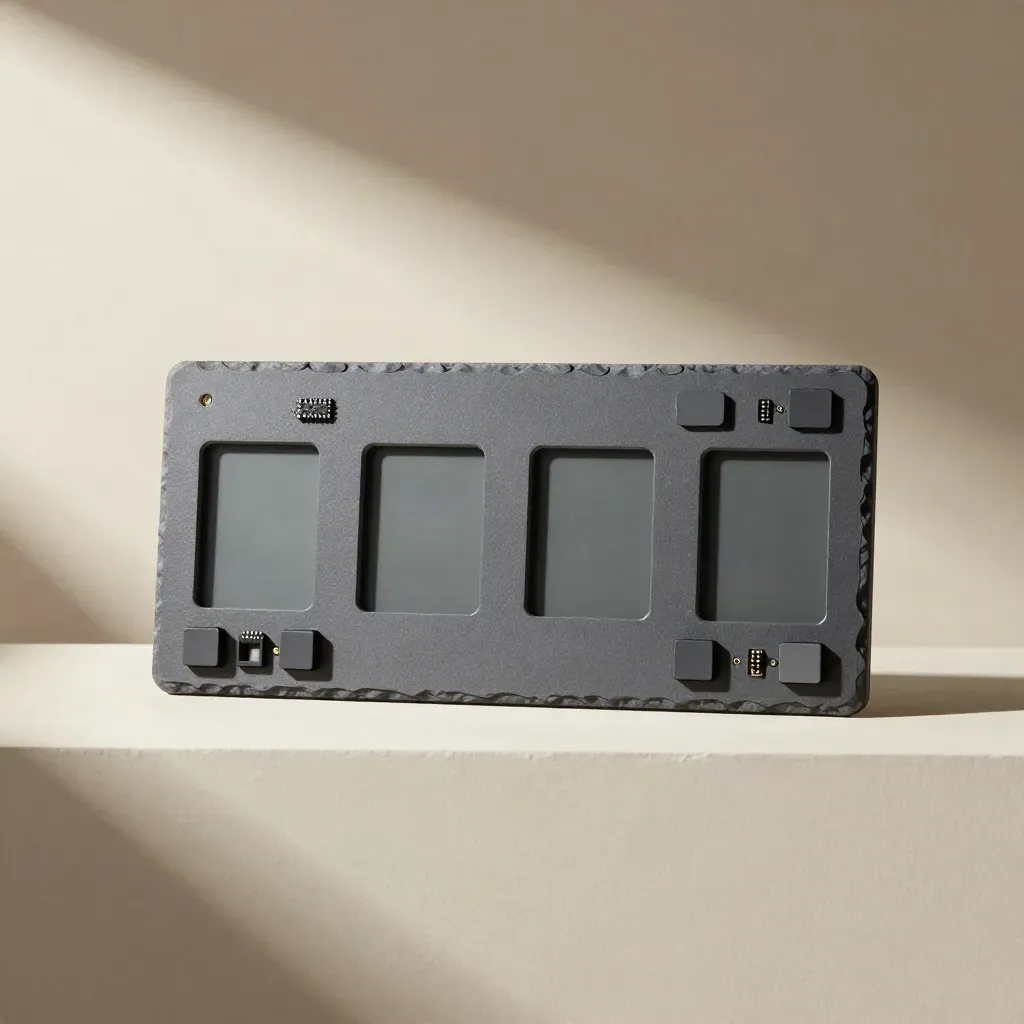 Slate KPI board with blank windows, two status tiles and a connector chip on ivory.