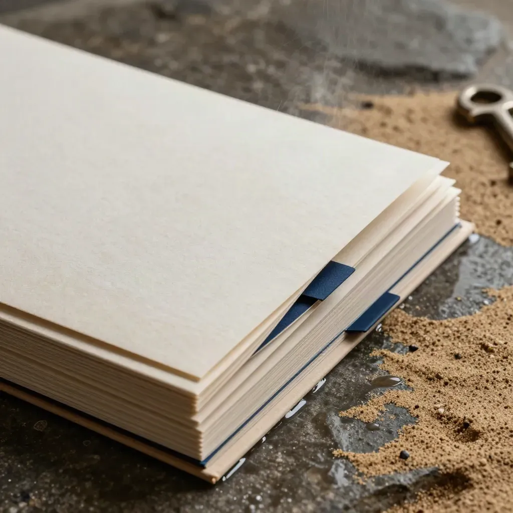 Close macro of pale stone report folios on wet stone with a midnight-blue divider