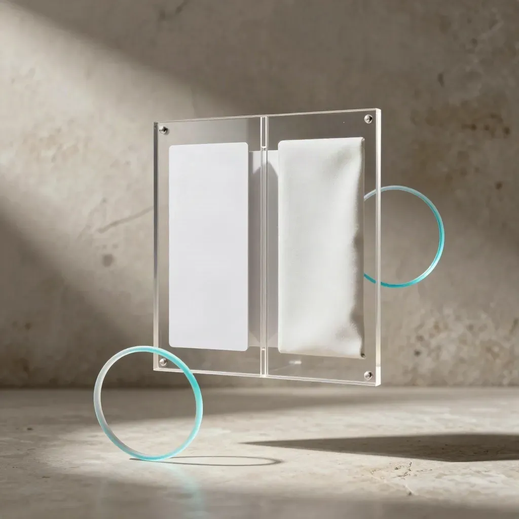 Floating acrylic portal frame with inset cards and drifting connector rings in soft cyan light