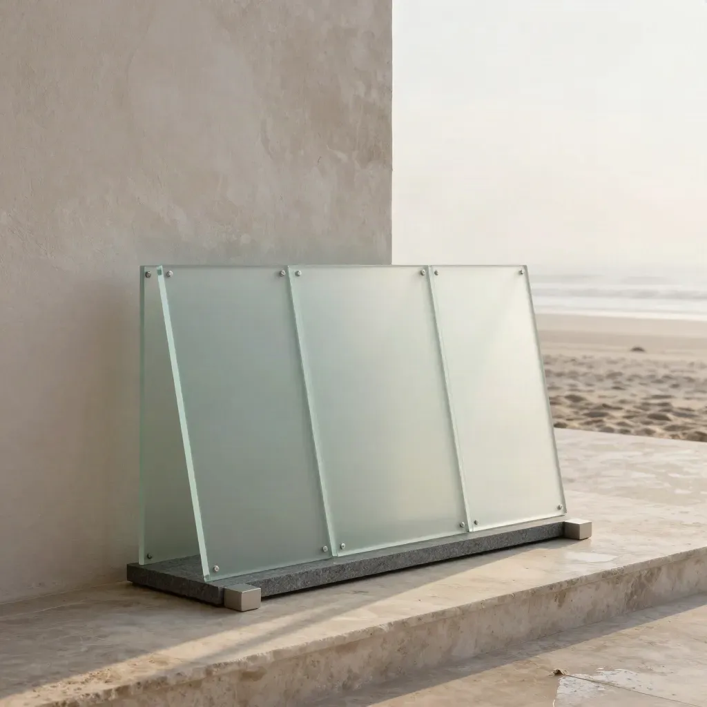Frosted acrylic dashboard core with three connector tiles on stone in soft morning haze