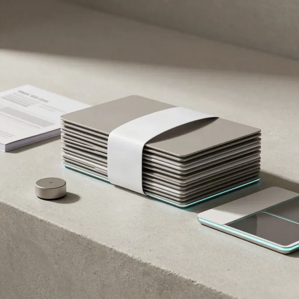 Bundled dashboard modules slide open on concrete with report folios and a connector puck.