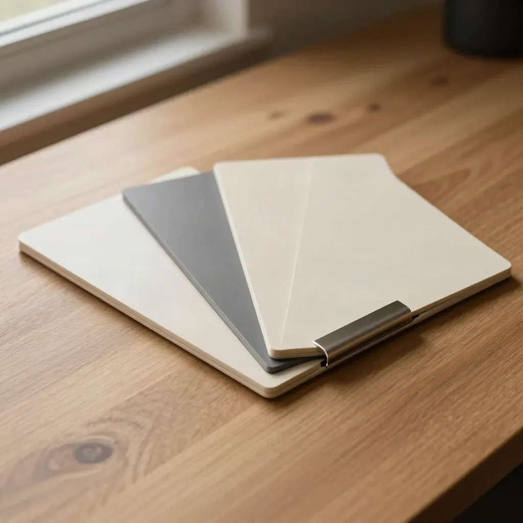 Three modular panels fanned on warm wood with a retaining clip and two companion tiles.