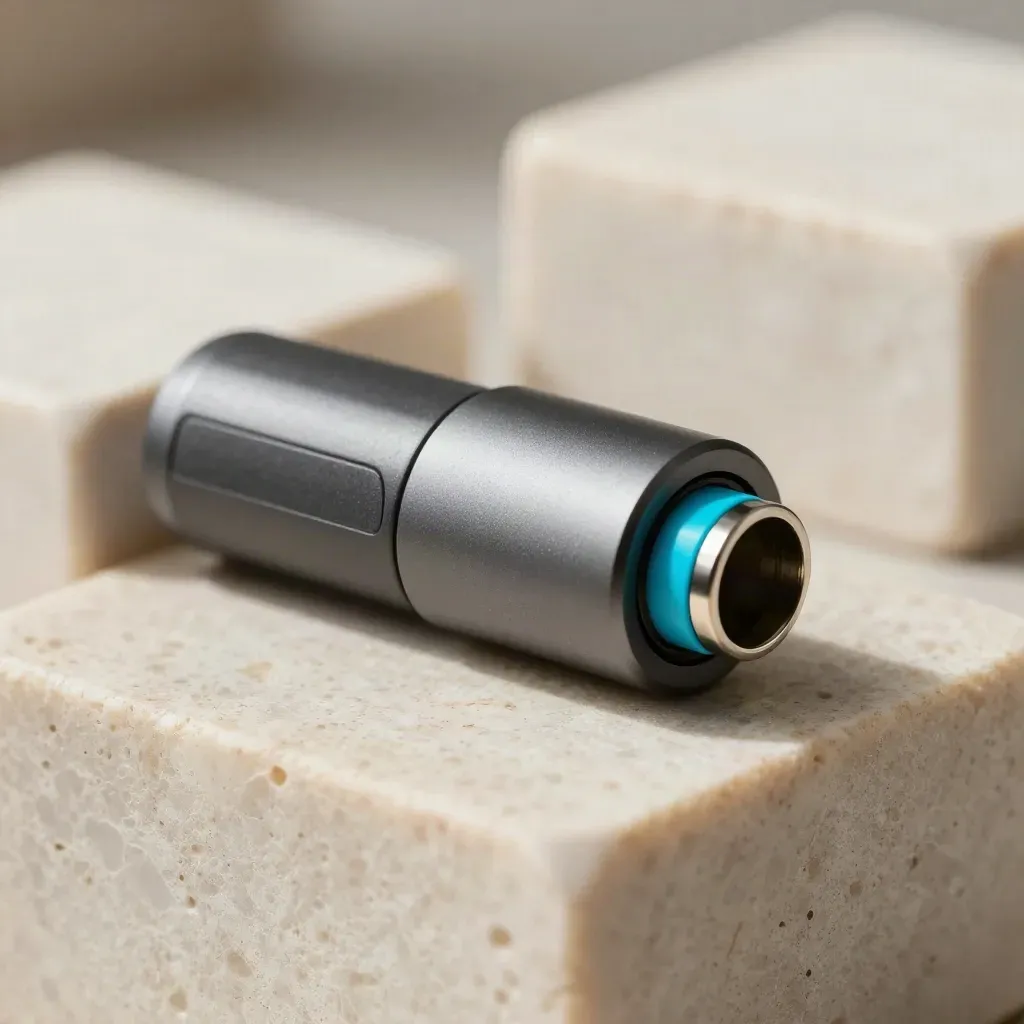 Macro of a graphite connector module with a cyan channel beside a blurred companion block on pale stone