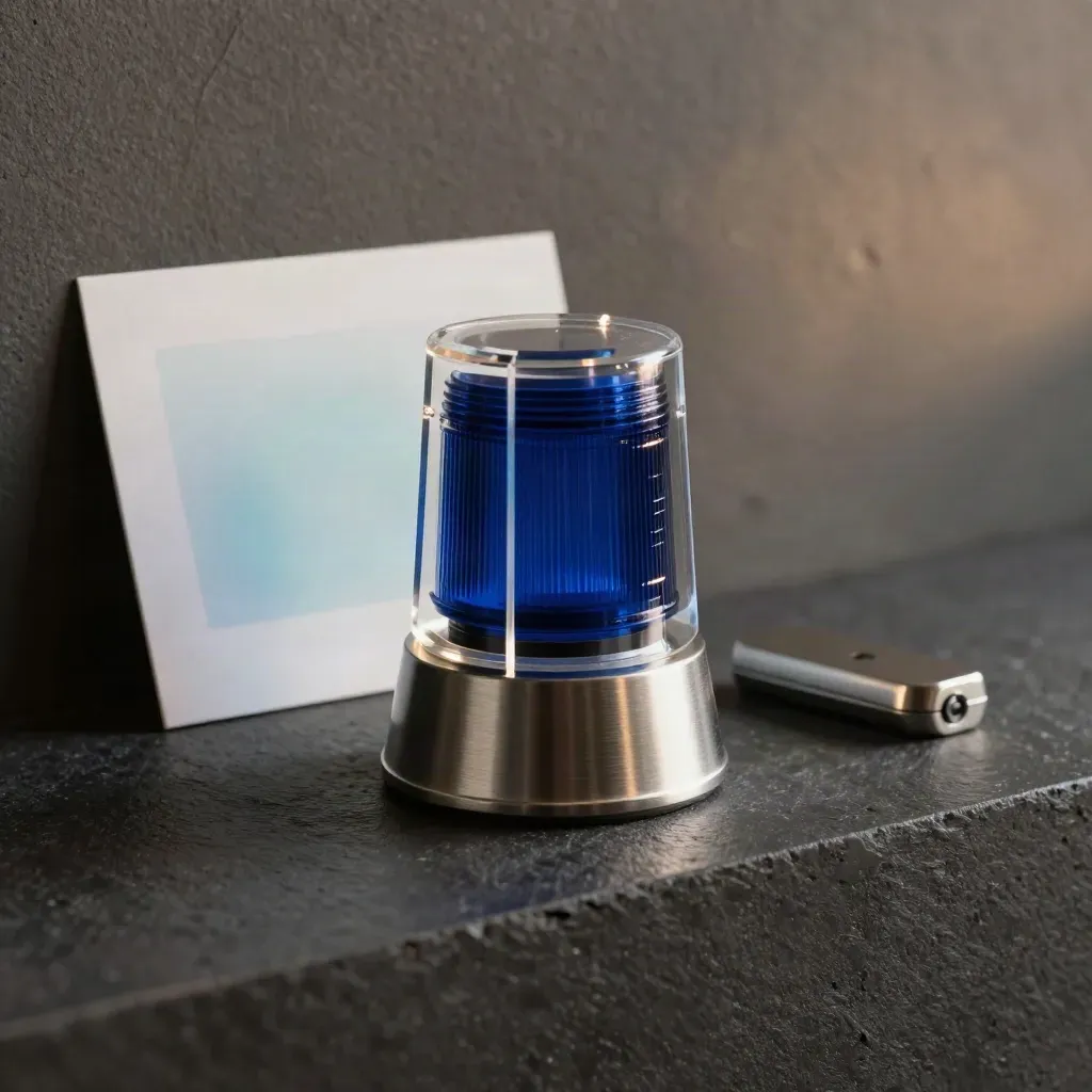 A translucent alert stack on a dark plaster ledge with a cyan pulse and metal base.