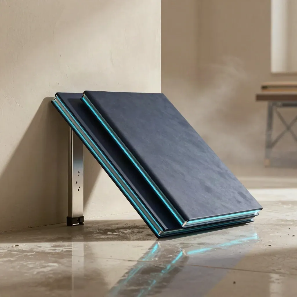 Midnight-blue dashboard panels with cyan glow, export folios and a connector tower on wet plaster.