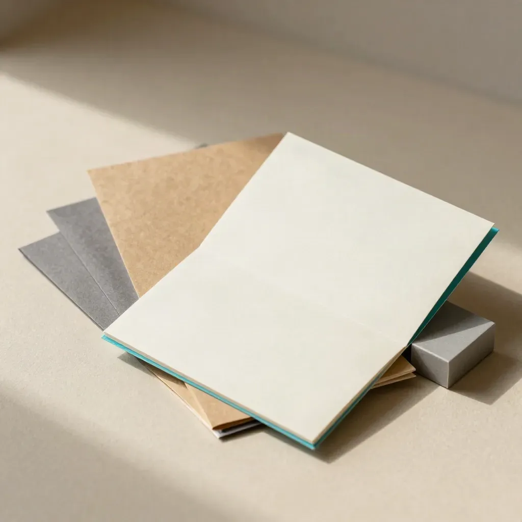 Top-down kraft folder with import sleeves, blank card, and alignment block on plaster