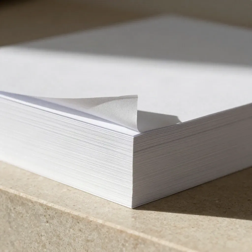 Macro stack of white export folios with a lifted corner on limestone, lit by a raking side beam.