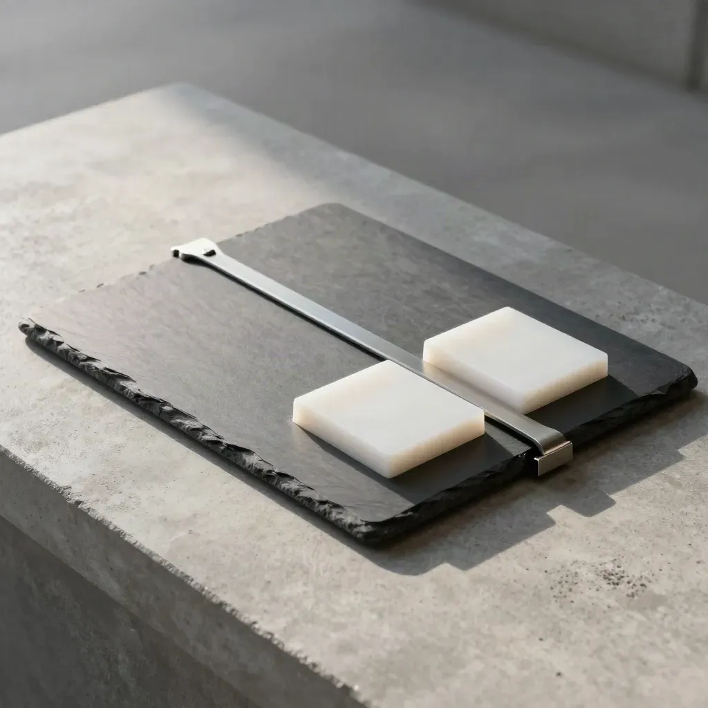 Slate operations review board with white blocks and metal brace on cool concrete.