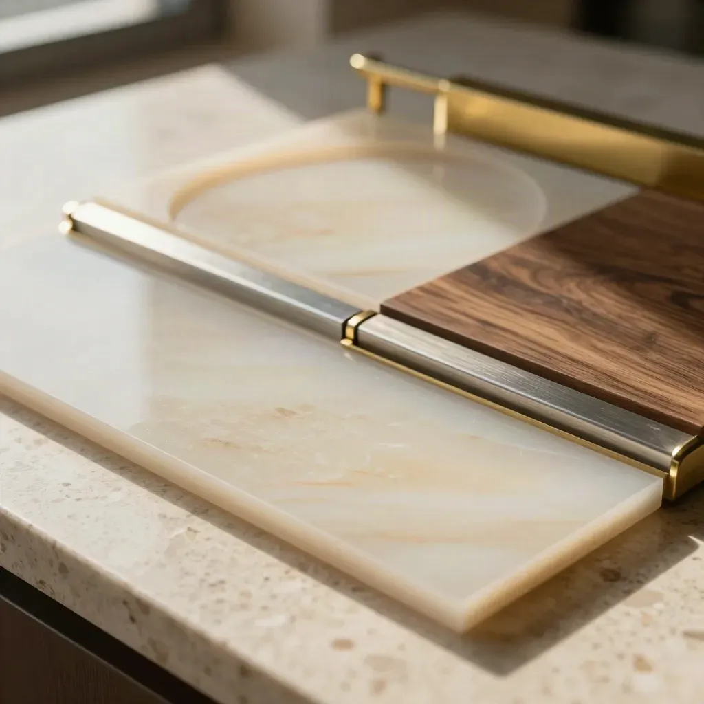 Sunlit travertine with frosted dashboard tiles, brass trim, and a calm cream copy space.