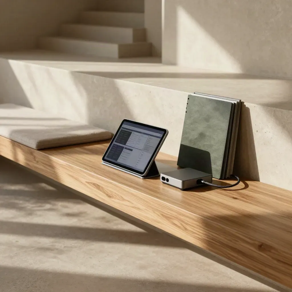 Sunlit modern analytics corner with warm wood bench, slatted shadows, and a soft dashboard wall