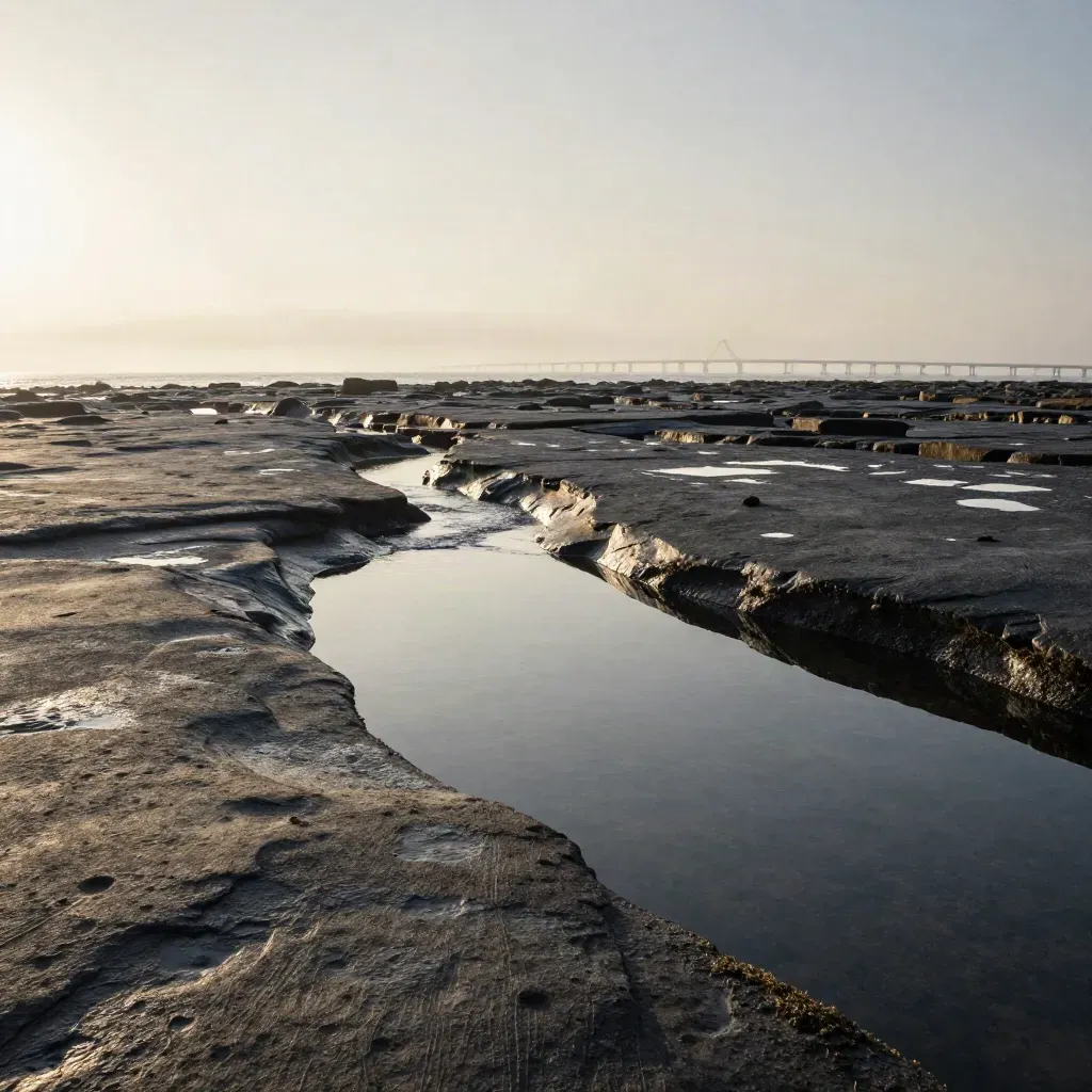 Coastal rock shelf with tide pools and a distant bridge over misty water.