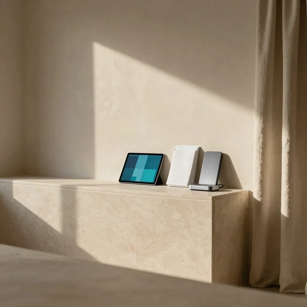Plaster interior with a tablet, export sleeves, and soft cyan glow on a calm stone counter.