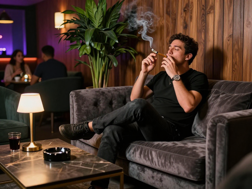 Enjoying a rokok88 super in a trendy lounge setting with elegant decor