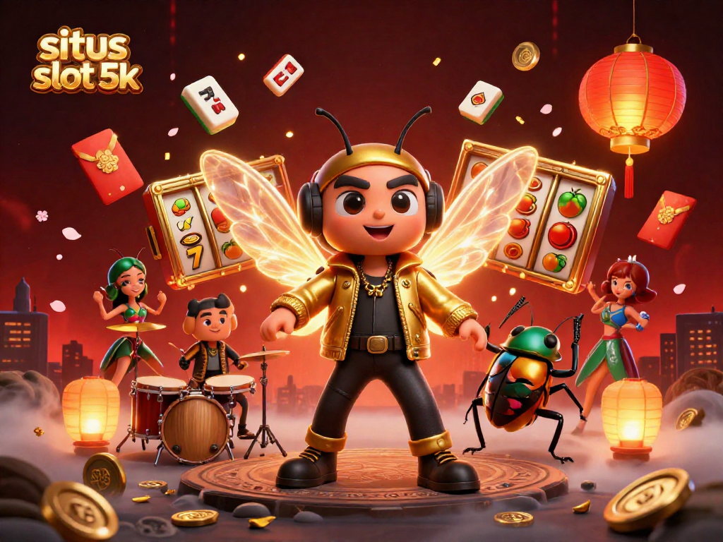 Spin to win with situs slot 5k as a cicada rock star, vibrant characters, and lucky symbols abound!