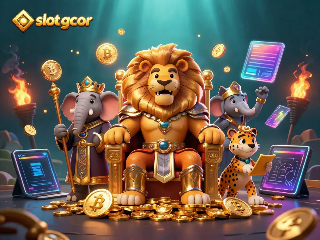 Experience the excitement of slot gacor with a dynamic 3D casino scene featuring a lion king, elephant advisor, and cheetah messenger.
