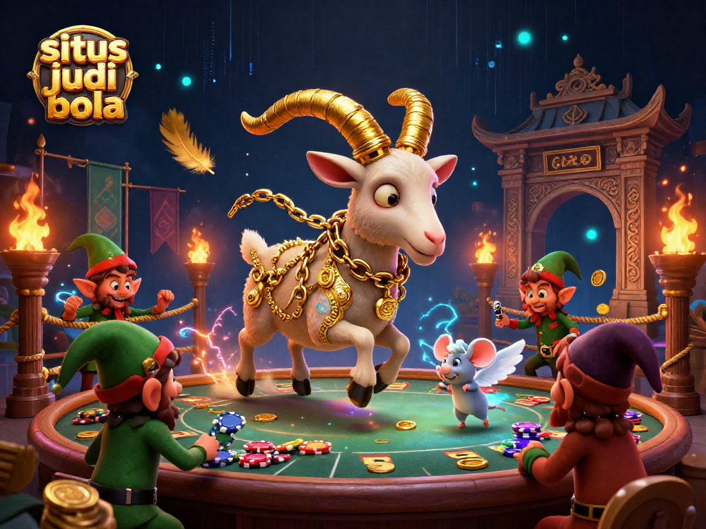 Engaging scene showcasing situs judi bola with playful characters amidst a festive casino atmosphere.