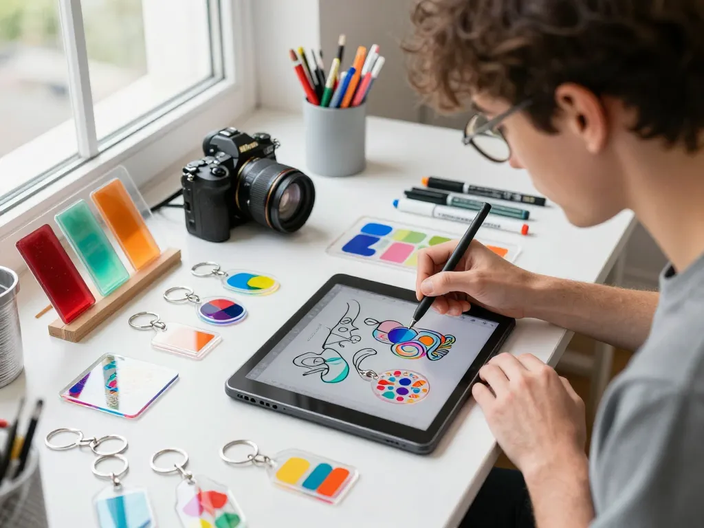 Custom clear acrylic keychain design scene showcasing vibrant designs and creative workspace.