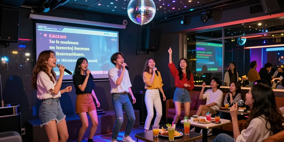 Karaoke in Gangnam with friends singing on stage, vibrant atmosphere