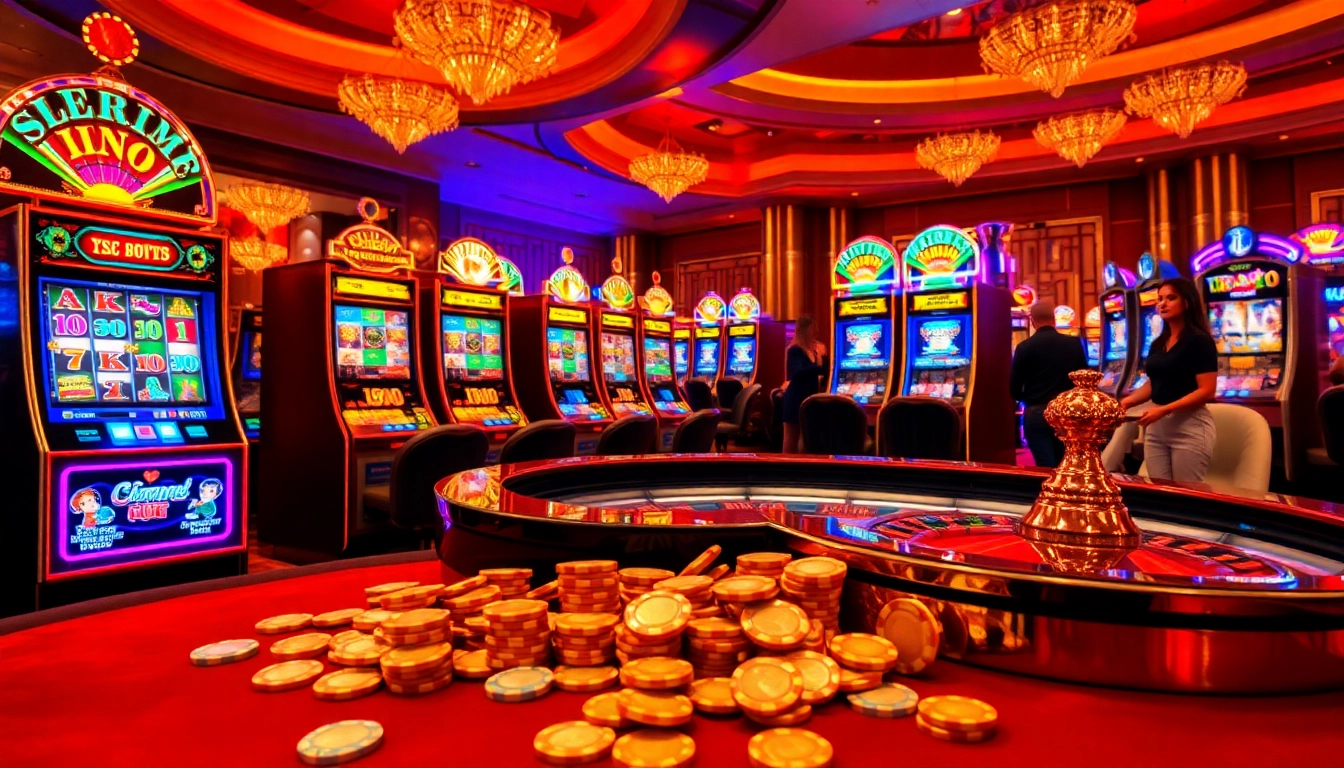 Exciting scene of slot demo scatter hitam gameplay in a luxurious casino environment, highlighting vibrant machines and chips.