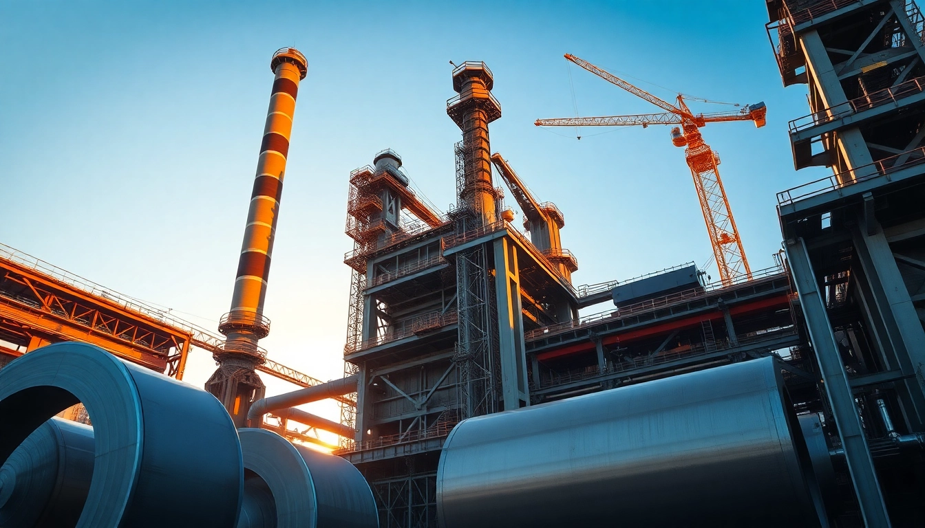 Modern steel mill with intricate machinery producing steel products.