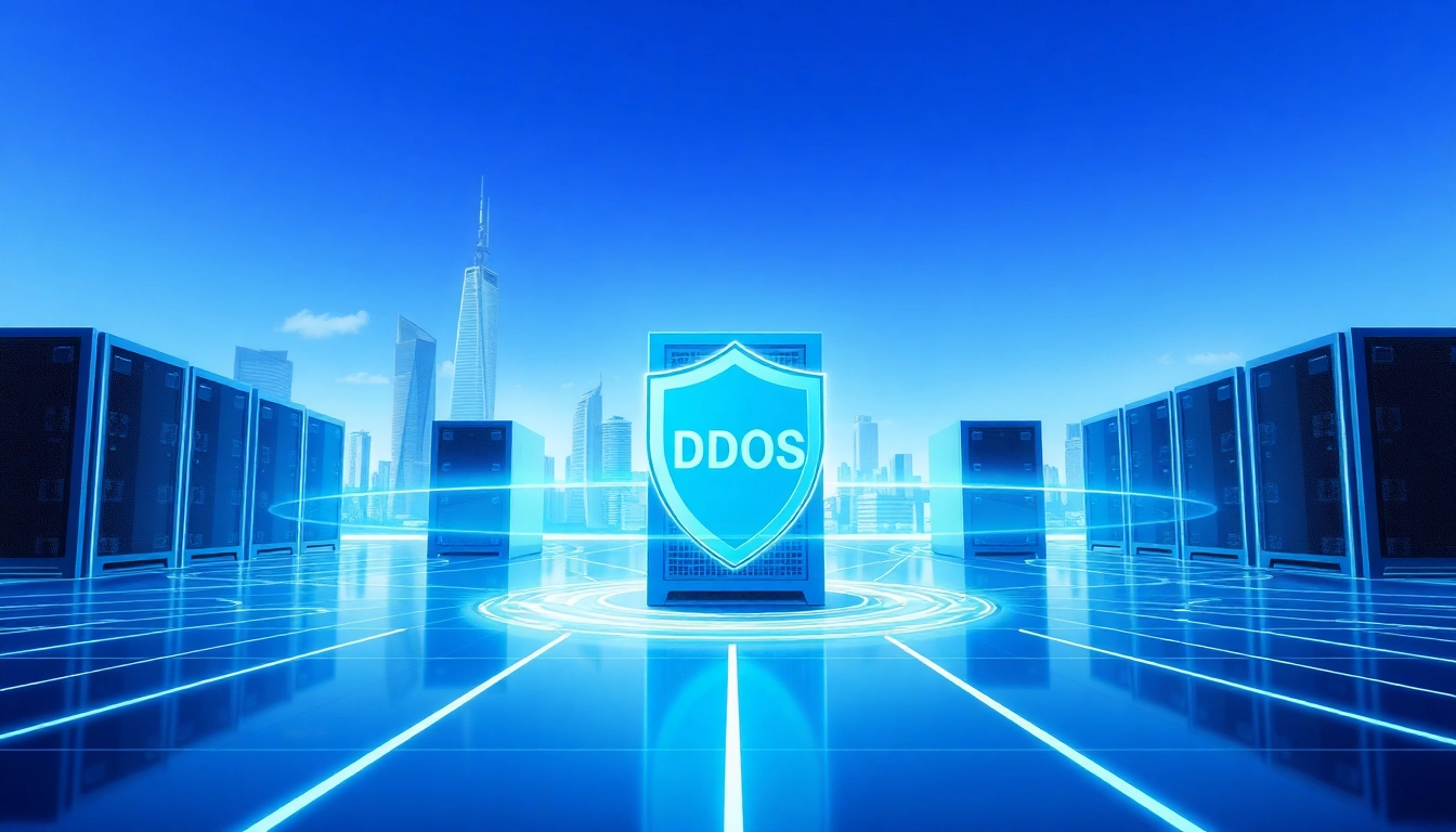 Visualizing CDN with DDoS Protection, showcasing digital security elements within a futuristic network.