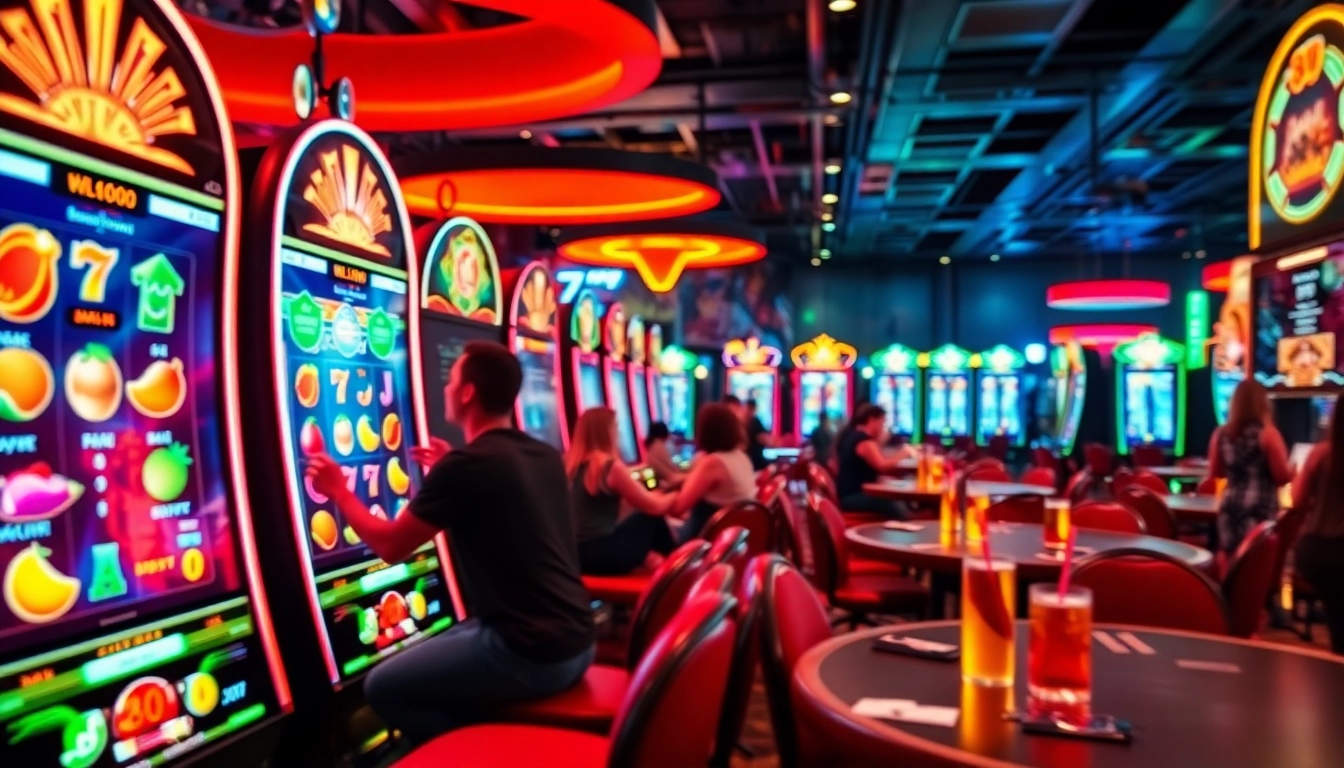 Permainan apk slot yang menarik di mesin slot kasino dengan warna cerah dan nuansa yang semarak.