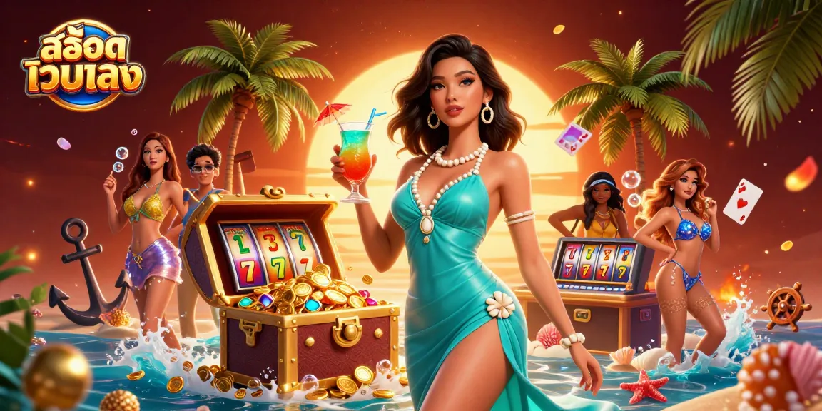 Engage with สล็อตเว็บตรง excitement in a vibrant casino scene featuring an Asian woman holding a tropical cocktail.