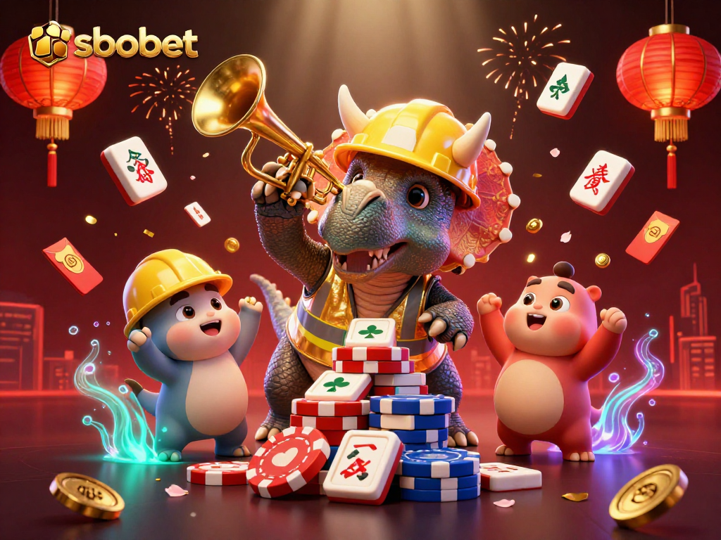 Engage with sbobet as a triceratops builds poker chip pyramid, celebrated by a parasaurolophus.