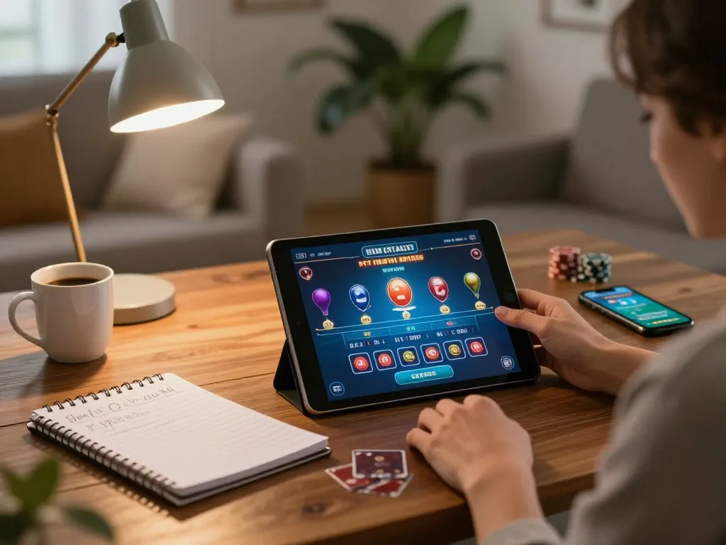 Playing table games on a tablet with sunwinapk in a cozy setting, emphasizing strategic gaming.