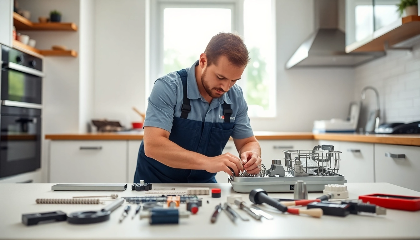 Expert performing BOSCH dishwasher repair with tools in a well-lit kitchen setting