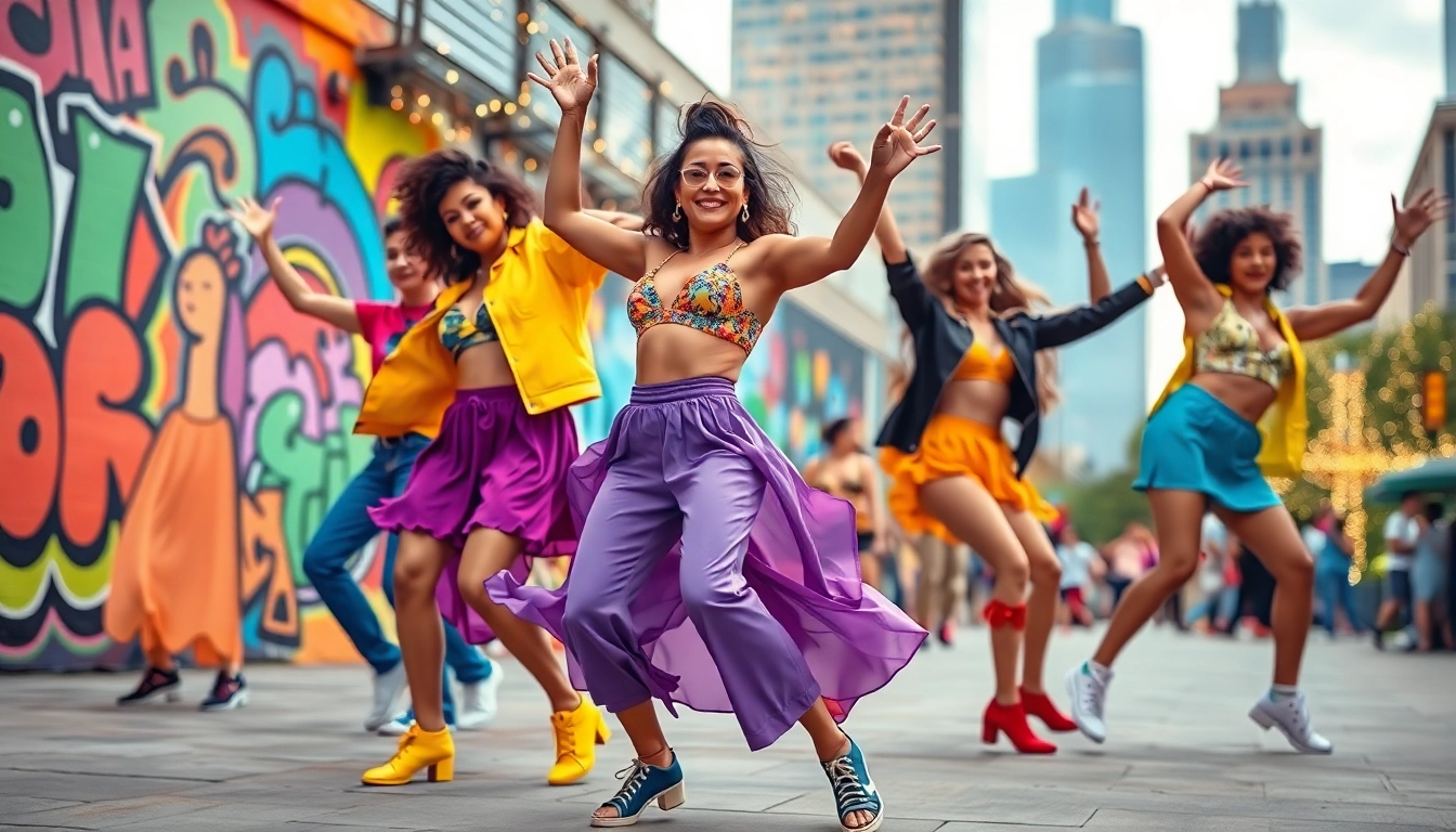 Catch the spirit of movin and groovin with energetic dancers in a vibrant urban setting.