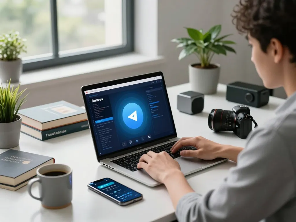 Efficient workspace showcasing the telegram 中文 interface on a laptop, symbolizing modern tech communication.