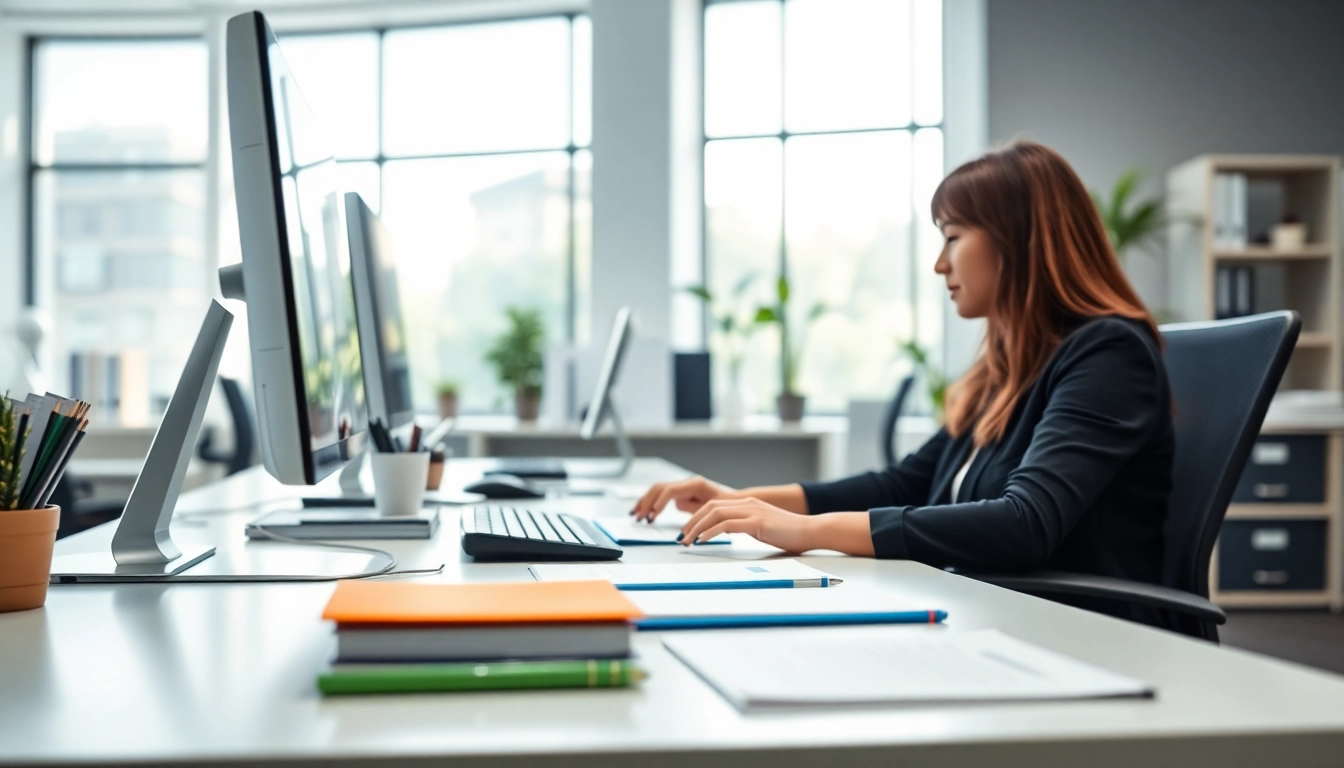 Typing center with a focused individual at a modern workstation, enhancing productivity in a professional environment.