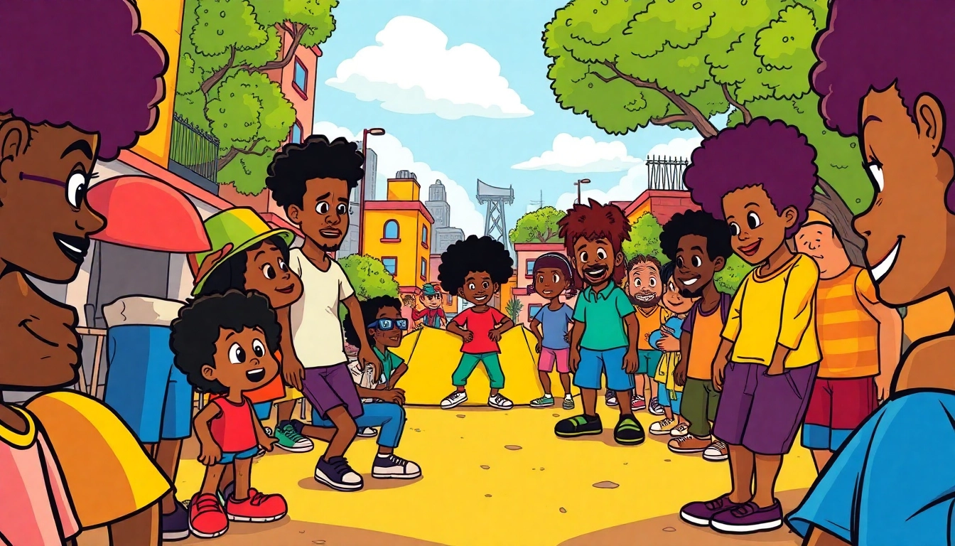 A lively scene showcasing African American cartoons with vibrant characters and playful backgrounds.