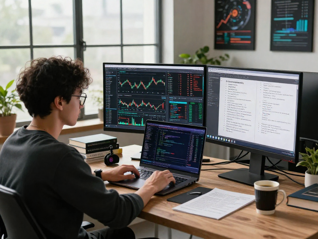 Developer utilizing index WebSocket streaming API in modern workspace with coding setup and real-time market data.