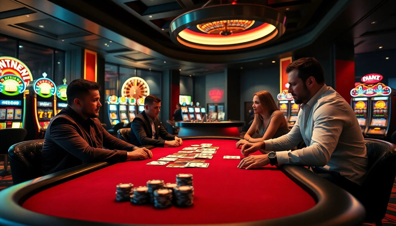 RR88 players engaging at a high-stakes poker table in a luxurious modern casino.