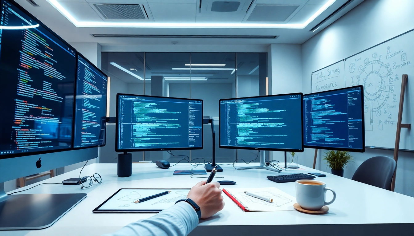 dịch vụ thiết kế website showcased in a modern design studio workspace with digital tools.