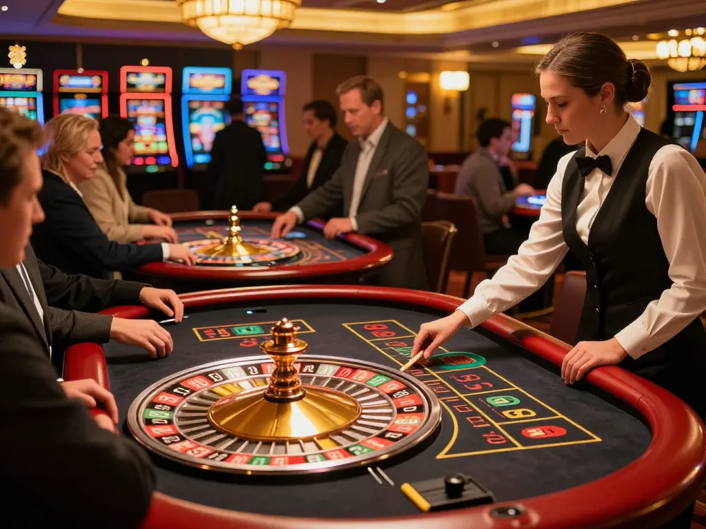 A thrilling roulette game unfolding as guests at Dunright Building Services place bets, immersed in the casino's vibrant atmosphere