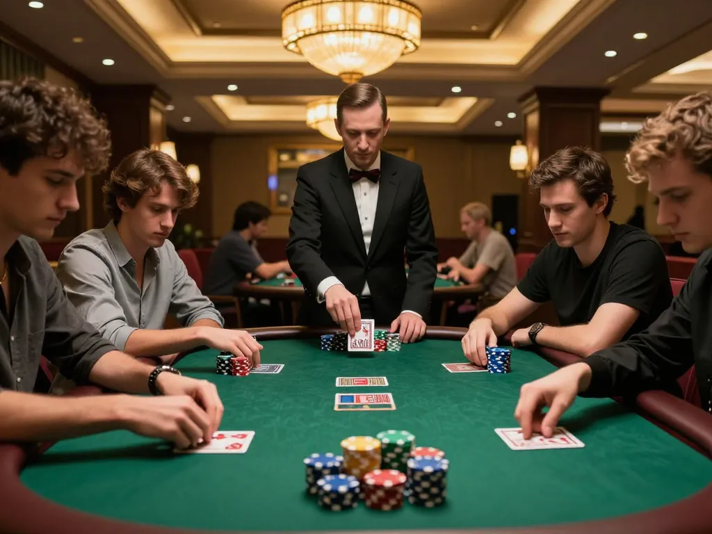 Pemain merencanakan tangan poker mereka di meja kasino selama permainan yang intens.