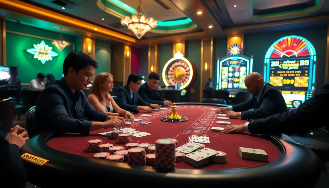 Exciting GG88 gaming table action with players betting on cards and chips in a luxurious casino setting.