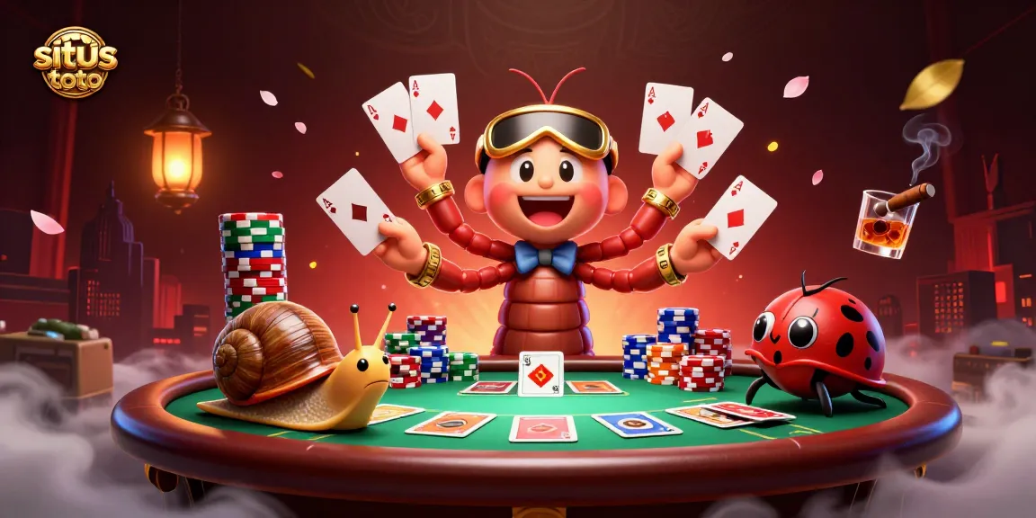 Join the excitement at situs toto with a vibrant poker scene featuring a millipede dealer, snail high-roller, and pill bug in action.