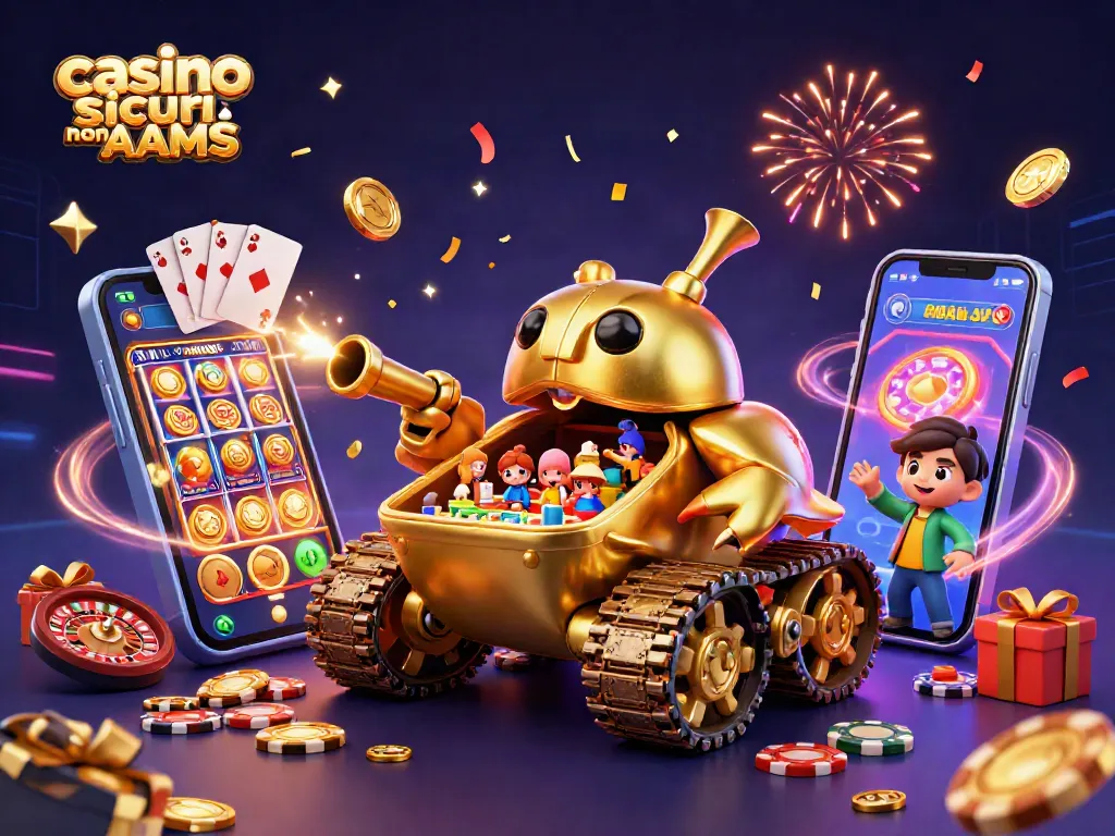 Visualizza il casino sicuri non AAMS all'interno di un carro armato dorato con giochi e festeggiamenti.