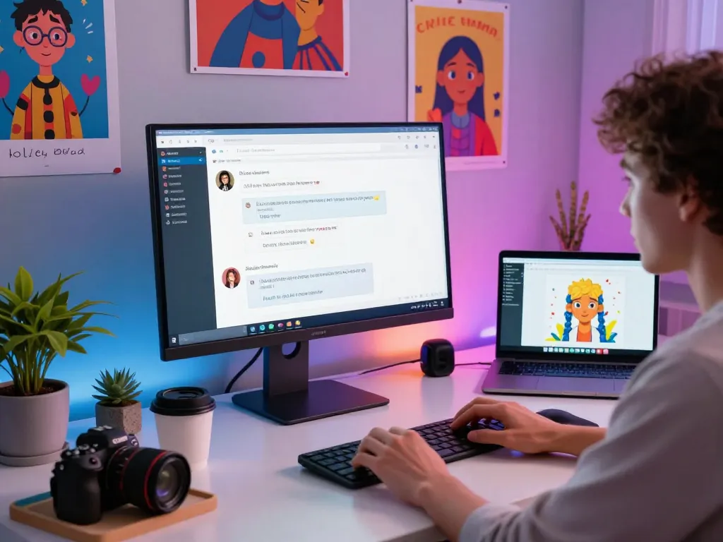 Chatting with an ai slut in a lively online environment filled with tech gadgets and playful decor.
