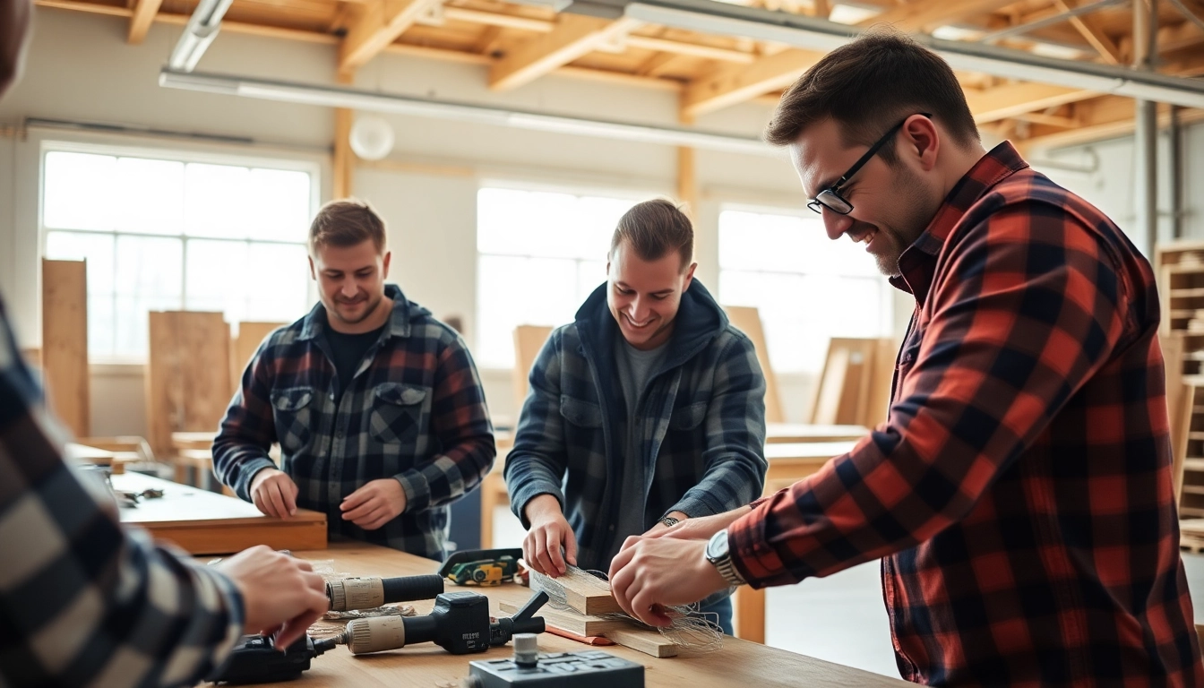 Students engaging in a construction apprenticeship hands-on training session in a bright workshop.