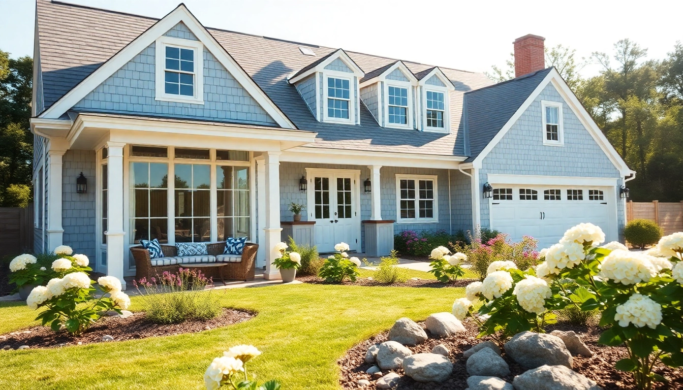 Captivating view of a cape cod home with charming garden and attached garage.
