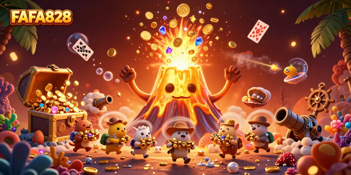 FAFA828 reveals treasure in a vibrant 3D illustration of a golden volcano erupting coins.