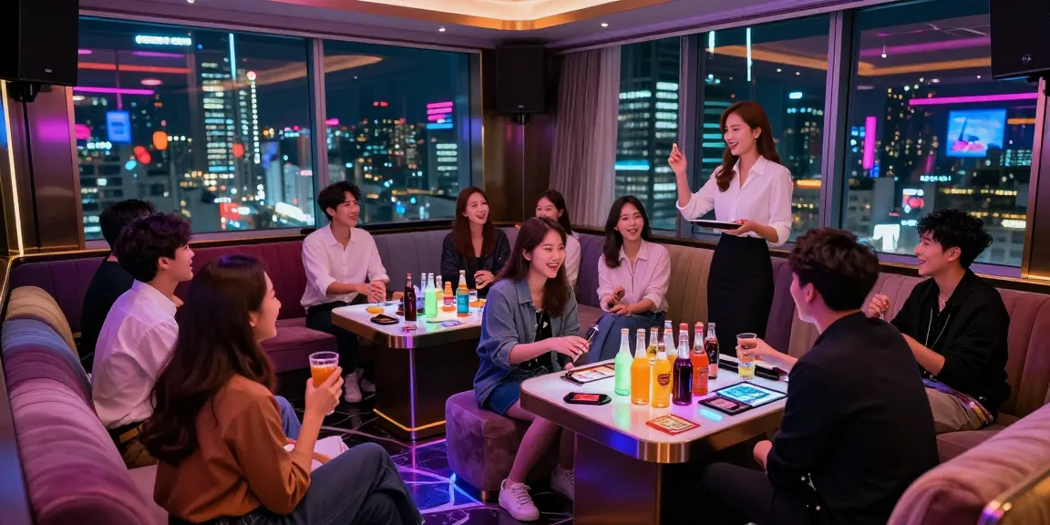 Enjoying premium karaoke at https://www.gangnamtune.com/ with vibrant lights, lively atmosphere, and stylish patrons.