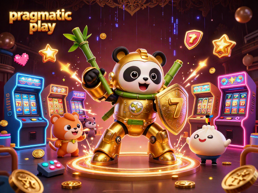Engage with the dynamic world of pragmatiac play, featuring a piloting golden panda, slot elements, and vibrant arcade themes.