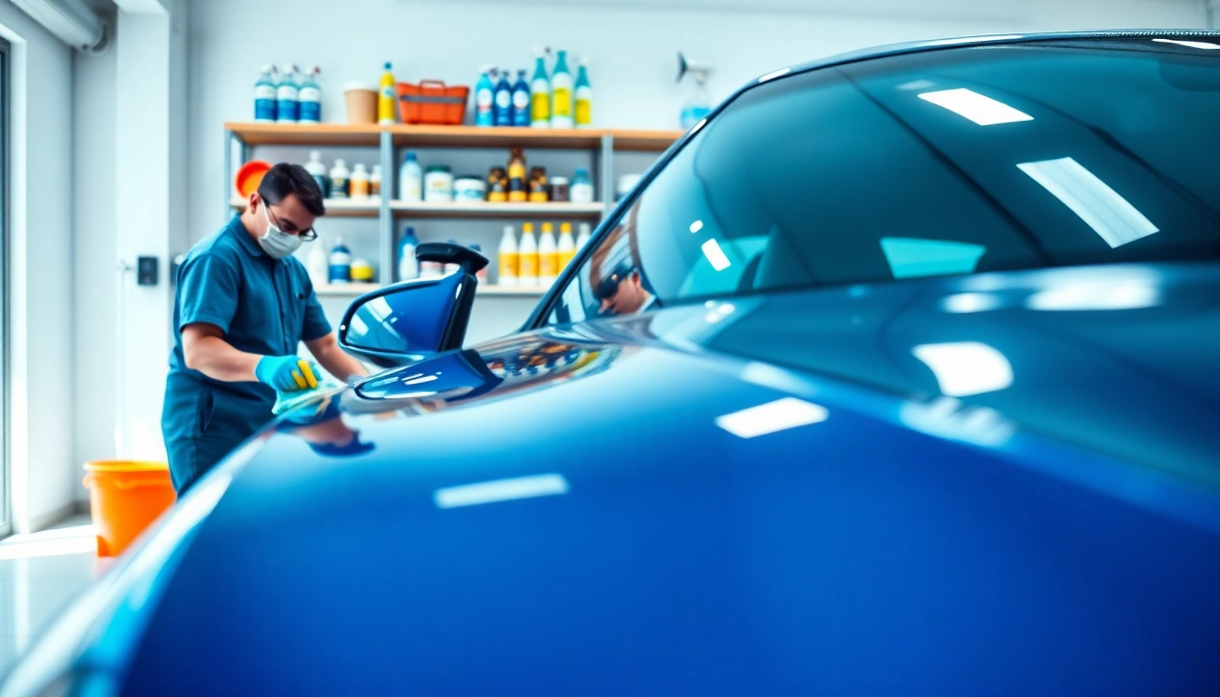 Expert car detailing near me, showcasing a technician polishing a vehicle in a professional garage.