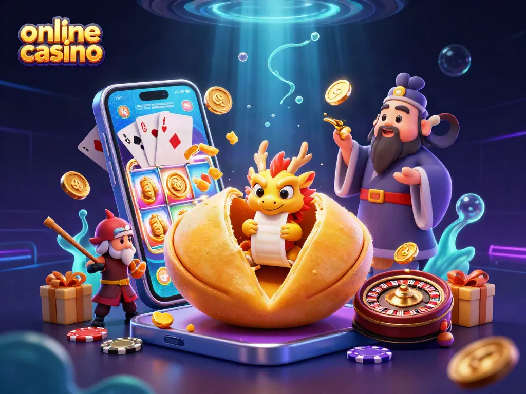 Disfruta en un casino online con un dragón sabio y una galleta de la fortuna, rodeados de juegos y premios.